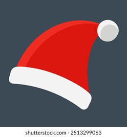 Um chapéu de Papai Noel vermelho brilhante adornado com um pom branco em um fundo escuro