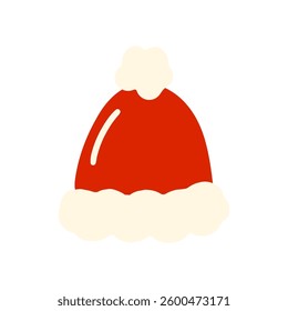 Bright red Santa hat featuring fluffy white trim for Christmas. Vector illustration