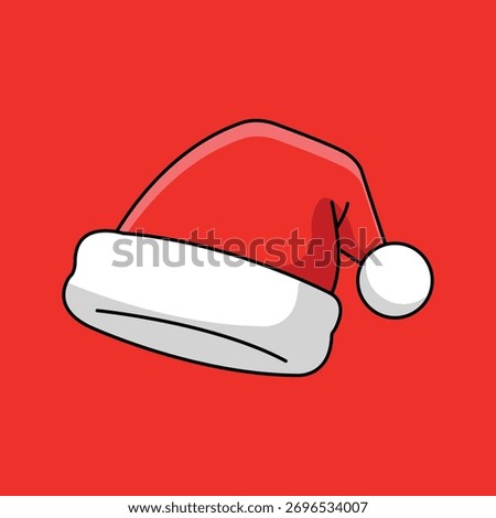 A bright red Santa hat with a fluffy white trim and pom pom, illustrated in a clean, vibrant 2D cartoon style. Perfect for Christmas cards, festive patterns, and holiday designs.