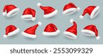 Bright red Santa hats with faux fur realistic vector illustration set. Christmas holiday party decorative hats 3d models on grey background