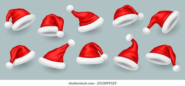 Bright red Santa hats with faux fur realistic vector illustration set. Christmas holiday party decorative hats 3d models on grey background