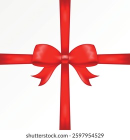 Bright red satin bow in the center with crossed ribbons in a realistic style on a white background for gift wrapping, congratulations.