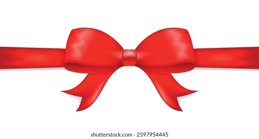 Bright red satin bow with ribbon in realistic style on white background