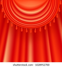 Bright red satin curtains background. Festive theatre scene with silky curtains with fringes. Vector illustration for your graphic design.