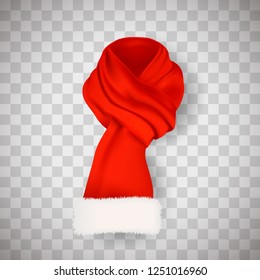 Bright red scarf with white fluffy edging. Santa Claus winter accessory for neck. Realistic vector icon isolated on transparent background
