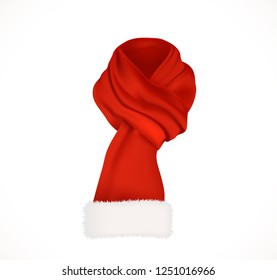Bright red scarf with white fluffy edging. Santa Claus winter accessory for neck. Realistic vector icon isolated on white background