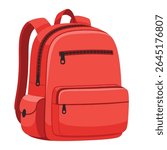 Bright red school backpack flat vector illustration. Perfect for back to school graphics, student essentials, and educational design themes.