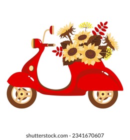 A bright red scooter with an armful of sunflowers. Vector. Illustrated clipart.