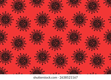 Bright red seamless aggressive virus pattern. Pandemic health danger background with abstract medical bacteria symbols. Vector illustration for fabric, design, print, wallpaper, cover, covid concept