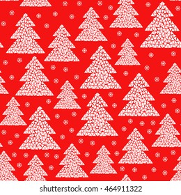 Bright red seamless Christmas pattern. Winter mosaic forest background. Cold northern wood in Scandinavian style. Vector illustration design isolated on white.