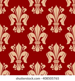 Bright red seamless fleur-de-lis background with floral pattern of victorian heraldic lilies. Luxury wallpaper, vintage interior accessories design usage