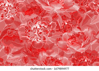 Bright red seamless floral pattern with flowers and leaves. Hand drawn. For textile, wallpapers, print, wrapping paper. Vector stock illustration.