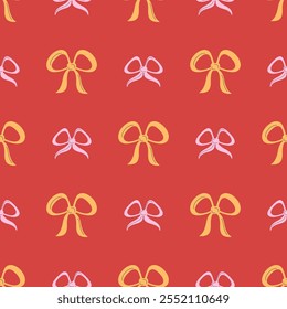 Bright red seamless pattern with cute bows in yellow and pink colors. Playful whimsical background 