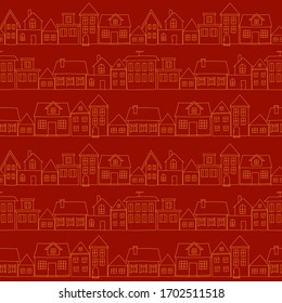 Bright red seamless pattern of houses' lines: bright wallpaper print, city theme background, wrapping design.