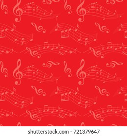 bright red seamless pattern with wavy music notes - vector background