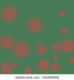 Bright Red Sharp Ornamental Print Pattern. Stars New Year Chaotic Color Green Sky Background. Snowflakes Winter Christmas Holiday Wallpaper. Emerald Night Dark Santa Mandala Background.