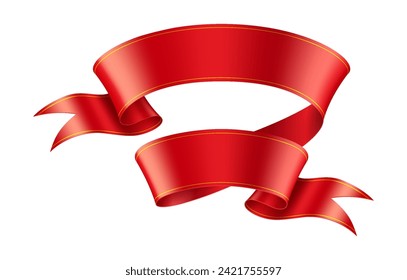 Bright red silk ribbon wave realistic vector illustration. Elegant fabric strip 3d model on white background. Vintage decorative element