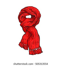 Bright red slip knotted winter knitted scarf with tassels, sketch style vector illustrations isolated on white background. Hand drawn fluffy woolen scarf tied in slip knot, winter accessory