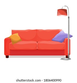 Bright red sofa with colored pillows, floor lamp with lampshade
