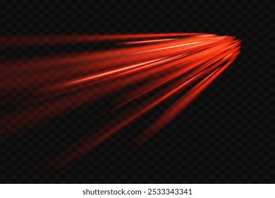 Líneas de velocidad rojas brillantes. Senderos de linterna roja, efecto de desenfoque de movimiento de larga exposición, Ilustración vectorial. Sobre un fondo transparente.