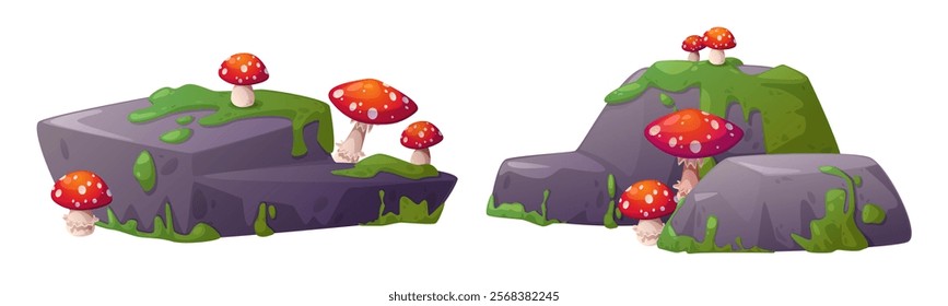 Bright red spotted mushrooms scattered on mossy swamp stones - natural platform design with grey rock formations and green grass growth. botanical pond or forest environments cliff boulder element.