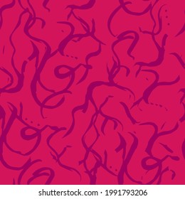 Bright red spychedelic seamless pattern, chaotic lines and curls. Scarlet background with abstract purple elements.