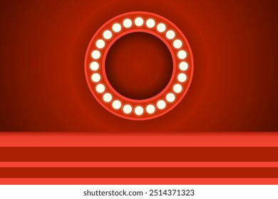 Bright red stage background with a glowing circular light frame, creating a vibrant and retro atmosphere. Circus stage podium. Vector illustration design for theatre, product display, presentation.