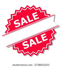 Bright red starburst shape contains two instances of the word sale surrounding a central blank white ribbon perfect for custom text placement to advertise shopping deals.