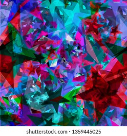 Bright red stars from foil on blue fragments of glass. Pattern to decorate any holiday and bright events.