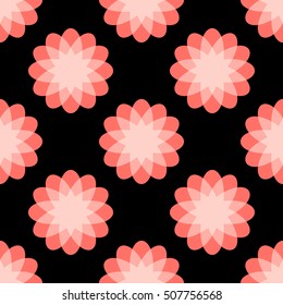 Bright red stars on a black background. Red snowflakes. Bright flowers. Seamless pattern.