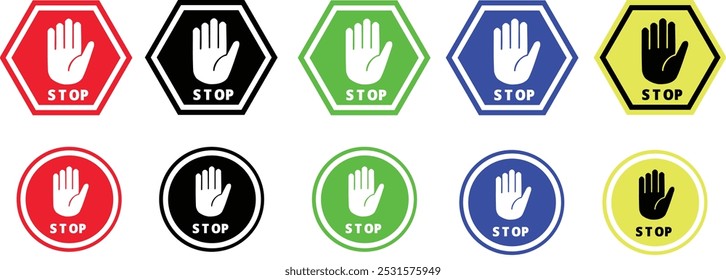 A bright red stop sign featuring a prominent hand icon, symbolizing road safety and caution