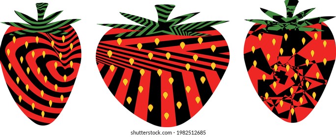 fresas rojas brillantes con patrones negros en el estilo de la op art sobre un fondo blanco iconos modernos de bayas