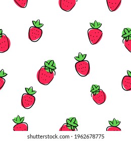 Bright red Strawberries one stroke drawing style Simple flat seamless pattern
