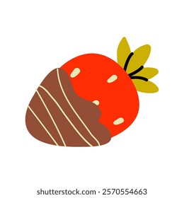 Bright red strawberry dipped in chocolate with decorative swirl pattern on a white background