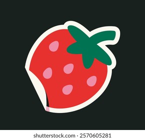 Bright red strawberry with green leaves and pink seeds, outlined in white, set on a black background. Minimalist concept, creative design. Vector illustration