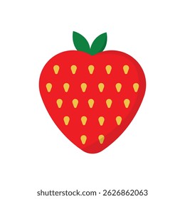 Bright red strawberry illustration in flat style with yellow seeds and green leaves, great for food packaging and summer-themed graphics.