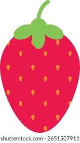 Bright red strawberry illustration with yellow seeds and green leaves, featuring simple shapes and vibrant colors to evoke freshness, sweetness, and natural appeal.