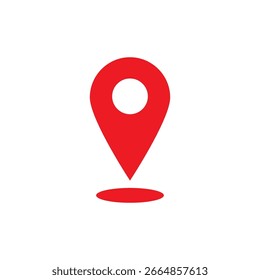 A bright red, stylized map pin icon against a clean white background. The pin features a circular inner marker and a subtle shadow, symbolizing location and navigation.