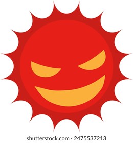 A bright red sun icon looking down to the right with a scary expression