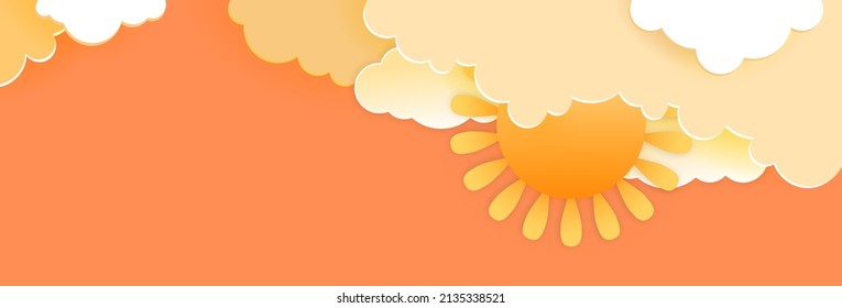 Bright red sun in orange clouds sunset big sky background. Big white clouds vector landscape with clouds background