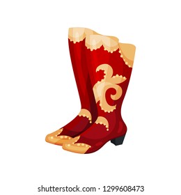 Bright red tall boots with gold inserts and high heel. Women shoes for theatrical performance. Flat vector icon