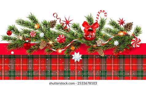 Bright red tartan banner, holly, sweets, stars and decoratin. Winter holiday Christmas design for banners, advertising, leaflet, cards, greeting, invitation and so on.