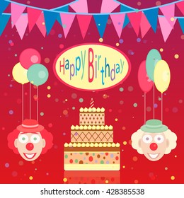 Bright red template of birthday greetings cake, balloons and clowns
