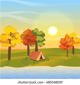 A bright red tent on a meadow near a river or lake. Autumn trees with leaves of red, orange, yellow. Sun and sky at sunset. Vector landscape can be used in newsletter, brochures, postcards, banner.