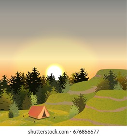A bright red tent for tourism on the meadow near the coniferous spruce forest and green hills. Setting sun. Summer or autumn. Vector landscape can be used in newsletter, brochures, postcards, banner.