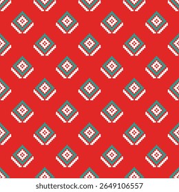 Bright red textile with geometric diamond pixel motifs in white and teal. Perfect for traditional crafts, ethnic design projects, and modern cultural patterns.