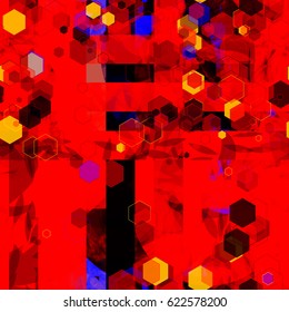 Bright red texture with colors inclusion. Vertical and horizontal stripes, hexagons, spots like stylized leaves. Abstract seamless background for fabric, wrapping, home decor.
