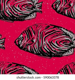 Bright red texture with fish.  Ocean inhabitants. Seamless background. It can be used for textile, cloth, fabric, tile, backgrounds, wallpapers, covers, wrapping or your design.