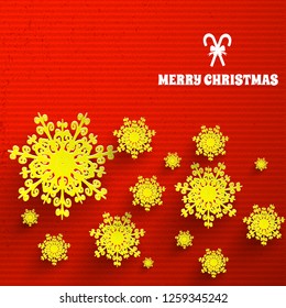 Bright red textured merry christmas background with beautiful yellow snowflakes flat vector illustration