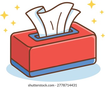 Bright red tissue box with sparkling white tissues in cartoon style, symbolizing freshness, hygiene, and health care in a clean vector illustration.